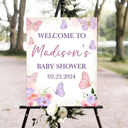 Printable Sign, Butterfly Baby Shower Welcome Sign, 12 x 18 inches to 24 x 36 inches, Corrugated Plastic, Romantic Style