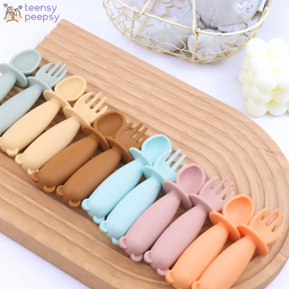 Bear Silicone Baby Bowl Suction Baby Spoon and Fork for Babies 6 months+ Suction Bowls for Baby Utensils 6-12M+ BLW Essentials (Peach Lilac)