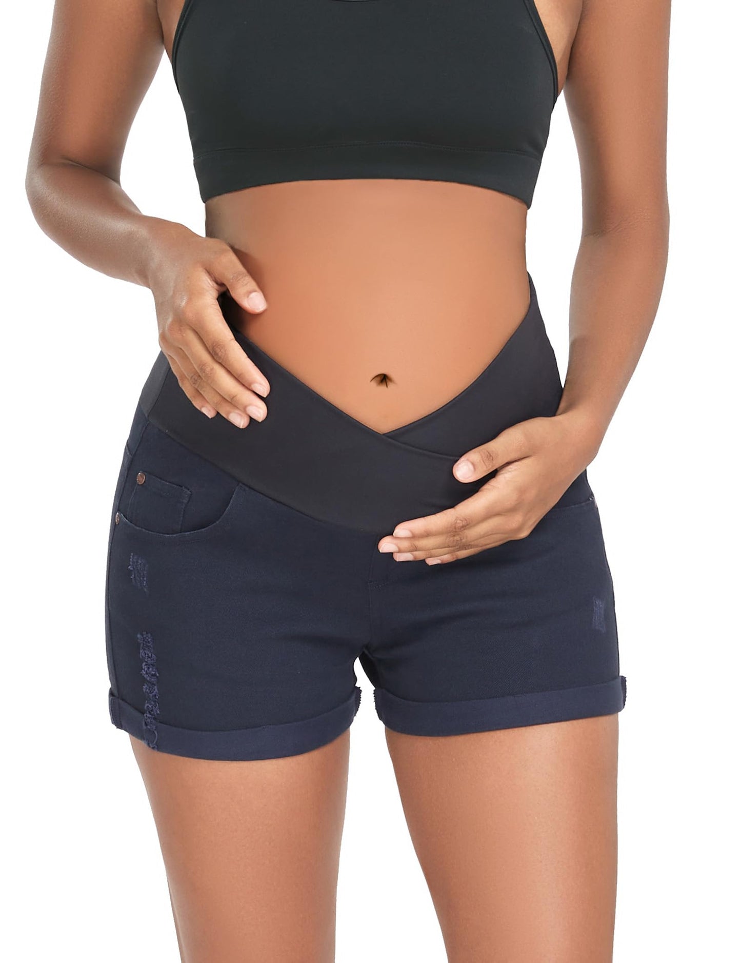 HOFISH Women's Maternity Jeans Shorts Over The Belly Stretchy Comfy Denim Shorts Pants Casual Workout Pregnancy Shorts