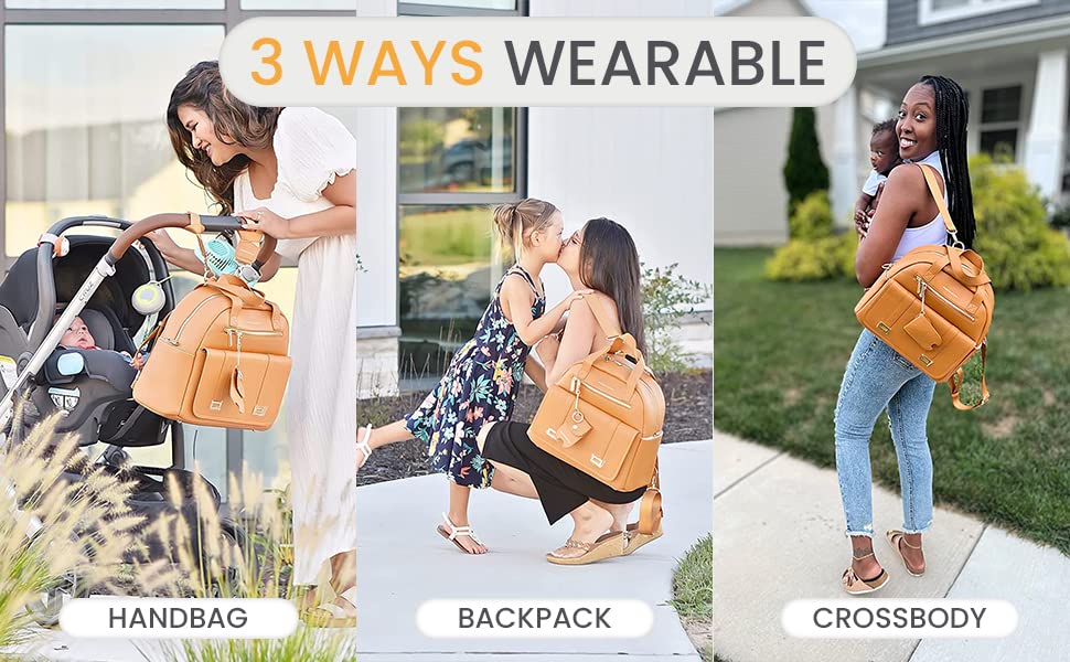New and Upgraded Diaper Bag Backpack, Leather Baby Bag Tote Diaper Backpack with Changing Pad, Hand Sanitizer Holder Stroller Hooks, Lightweight Stylish Mommy Bag Daisy Collection