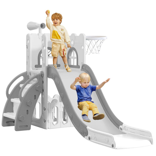 6 in 1 Toddler Slide for Toddler Age 1-3,Kids Climber Slider for Indoor Outdoor Playground with Basketball Hoop,Storage and Telescope,L Shaped Slide for Toddler Climber Playset
