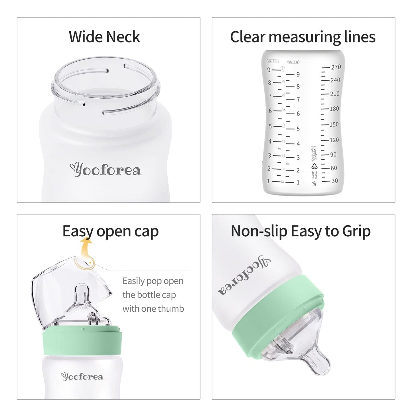 Yooforea Silicone Coated Glass Baby Bottle, 0M+ Slow Flow Nipple I Anti-Colic, Wide Neck, Stable Base I Medical-Grade Silicone Coating for Shatter Protection, BPA BPS PVC Free (3 Ounce-Honey)