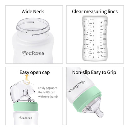 Yooforea Silicone Coated Glass Baby Bottle, 0M+ Slow Flow Nipple I Anti-Colic, Wide Neck, Stable Base I Medical-Grade Silicone Coating for Shatter Protection, BPA BPS PVC Free (3 Ounce-Honey)