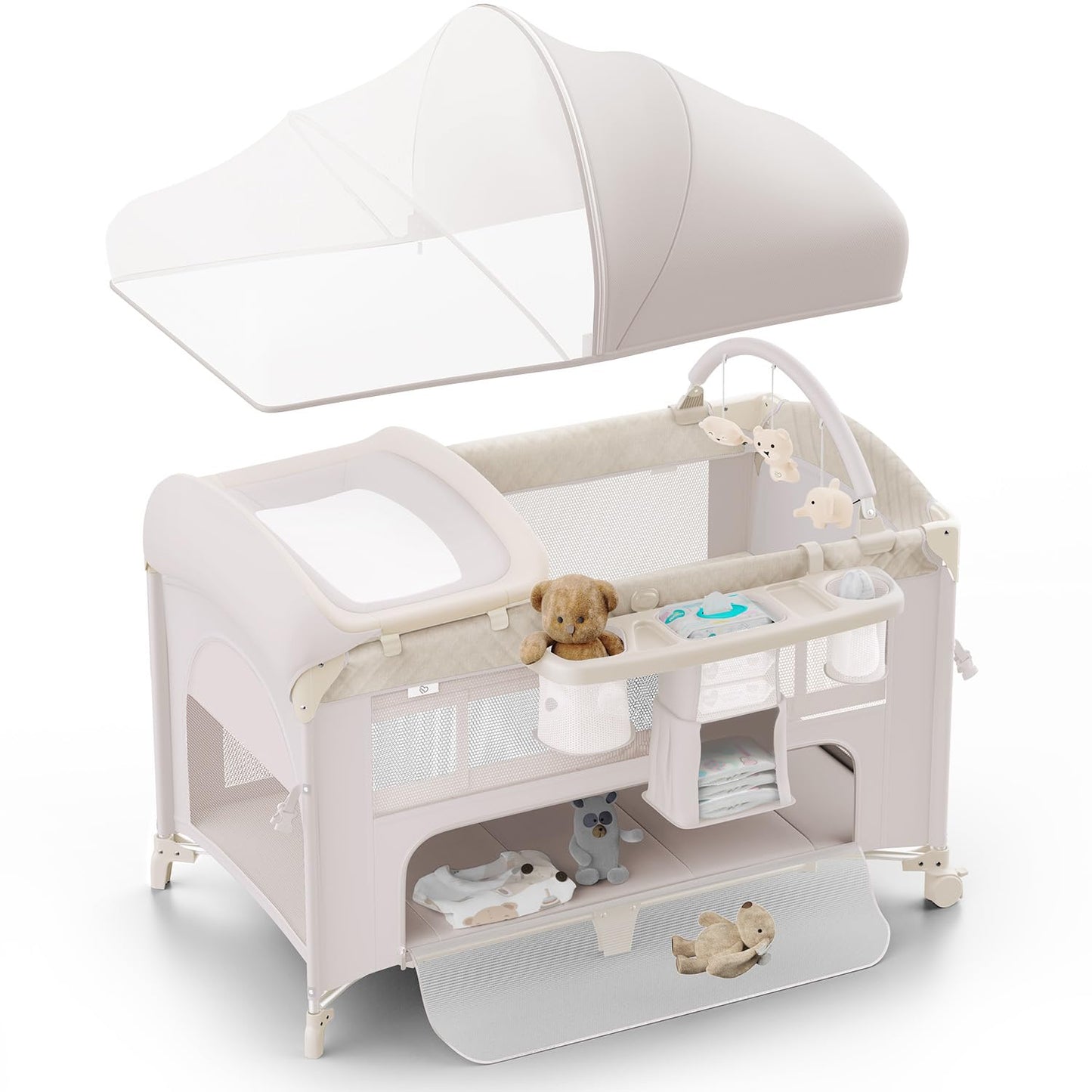 4 in 1 Baby Bassinet, Pack and Play, Bedside Crib Sleeper, Diaper Changer - Comes with Mattress, Mosquito Net，Bottom Storage and Toy Bar for Newborn to Toddles