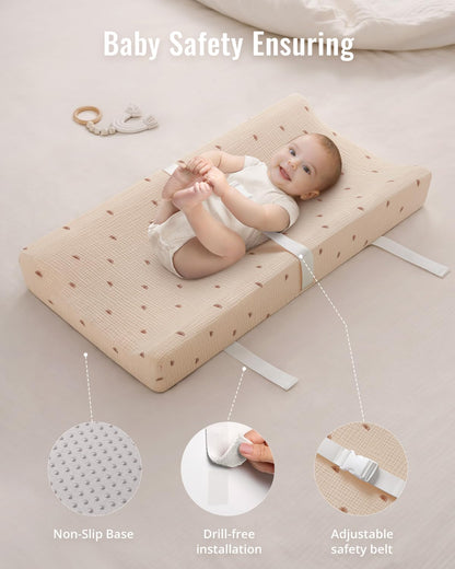 Blissful Diary Muslin Baby Changing Pad with Waterproof Lining Foam, Diaper Changing Table Pad with Cover for Dressers (Monstera, Avocado)