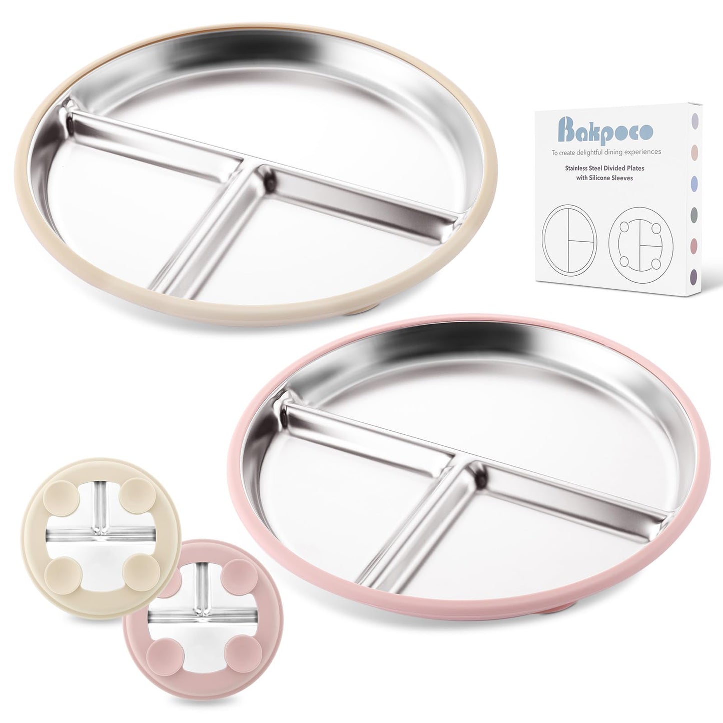 Stainless Steel Baby Plate with Suction, 9” Divided Toddler Plates with Removable Silicone Sleeves for Kids, Non-Toxic Non-Slip Unbreakable Dishwasher Safe Dinnerware Set of 2, Pink & Beige