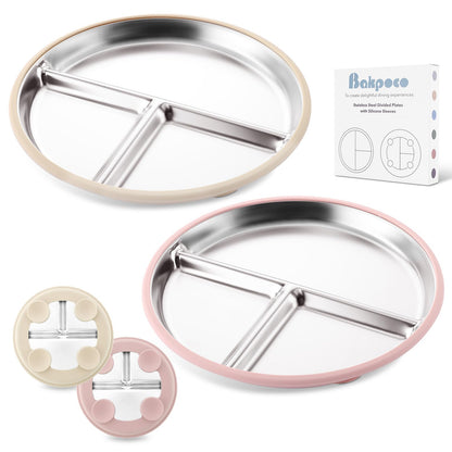 Stainless Steel Baby Plate with Suction, 9” Divided Toddler Plates with Removable Silicone Sleeves for Kids, Non-Toxic Non-Slip Unbreakable Dishwasher Safe Dinnerware Set of 2, Pink & Beige