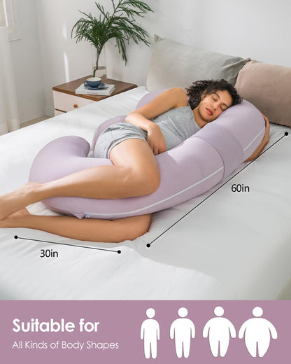 QUEEN ROSE Cooling Pregnancy Pillows,E Shaped Full Body Pillow for Sleeping, with Pregnancy Wedge Pillow for Belly Support, 60 Inch Maternity Pillow for Side Sleeper, Cooling Rayon Cover, Purple