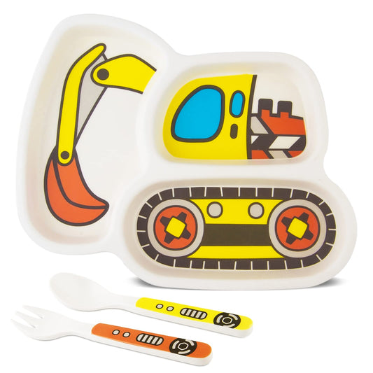 Kids Plate Set, Included Fork and Spoon 3-Piece Set - Toddler Dinnerware Dinner Dish Set - Baby Feeding Divided Plate - Child Portion Control Dish Tray (Excavators)