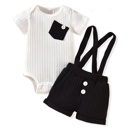 Unutiylo Baby Boy Outfits 0-12 Months Short Sleeve Romper Suspenders Pants Spring Summer clothes