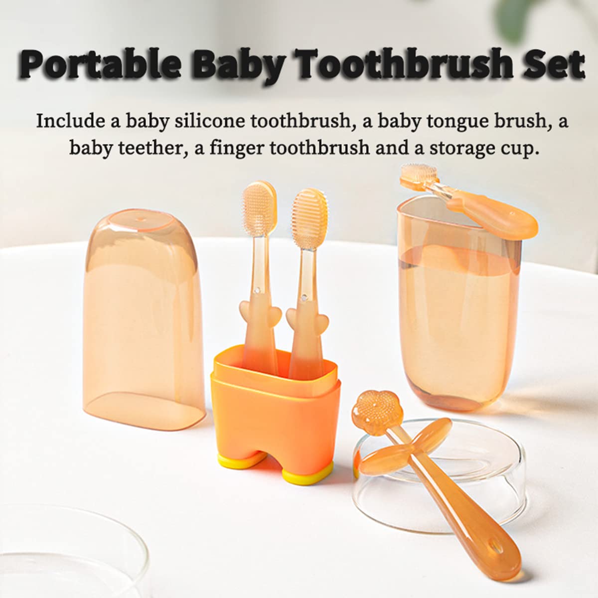FOKiiBO Baby Silicone Toothbrush Set, Toothbrush + Tongue Brush + Toothbrush + Finger Toothbrush with Cup for Training Teething, 0-18M Infant Toddler Newborn Baby Teeth Brushes (Yellow)