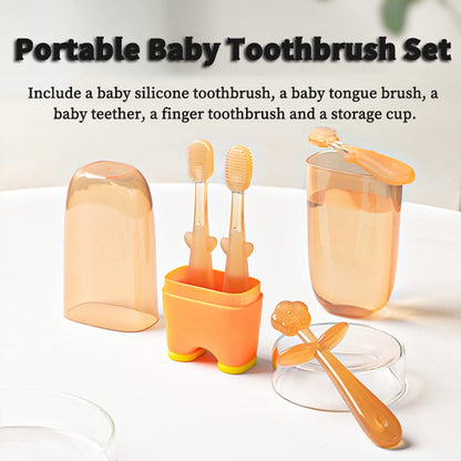 FOKiiBO Baby Silicone Toothbrush Set, Toothbrush + Tongue Brush + Toothbrush + Finger Toothbrush with Cup for Training Teething, 0-18M Infant Toddler Newborn Baby Teeth Brushes (Yellow)