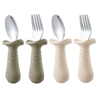 PandaEar Baby Toddler Fork and Spoon Utensil Set, 6 Pack Silicone Stainless Steel Silverware Spoon Fork for Babies Toddler, BPA Free with Silicone Holding Anti-Choke Design (Green Blue Brown)