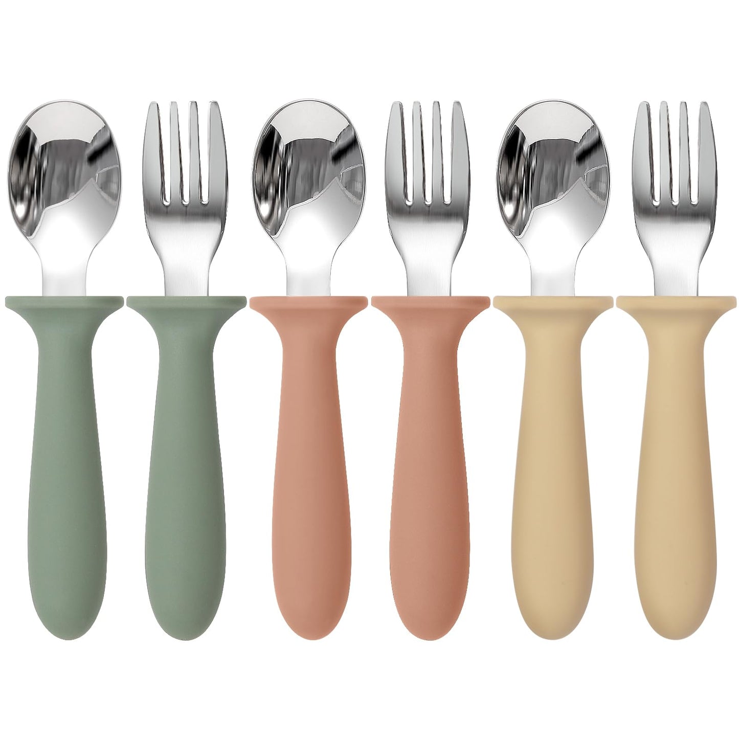 Toddler Utensils, 6 Pack kids Silverware Set with Silicone Handle, 18/8 Stainless Steel Children Safe Forks and Spoons, Dishwasher Safe