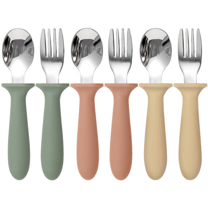 Toddler Utensils, 6 Pack kids Silverware Set with Silicone Handle, 18/8 Stainless Steel Children Safe Forks and Spoons, Dishwasher Safe