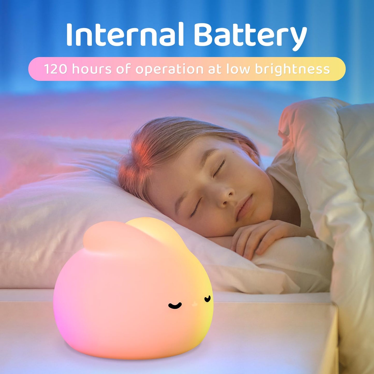 Nursery Night Light, RGB Bunny with 7 Colors & 3 Dim Levels, Rechargeable Silicone, Room Decor & Kids Gift