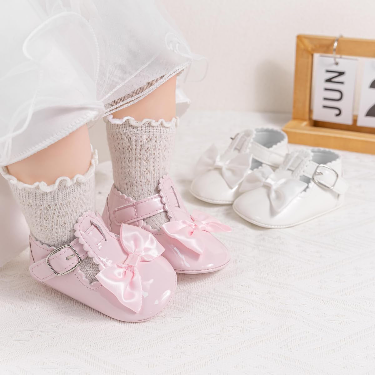 Meckior Newborn Baby Girls Dress Shoes Infant Bowknot Soft Sole Mary Jane Moccasins Baptism Christening Crib Shoes Wedding Princess Flats