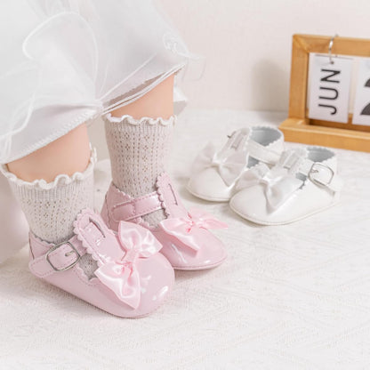 Meckior Newborn Baby Girls Dress Shoes Infant Bowknot Soft Sole Mary Jane Moccasins Baptism Christening Crib Shoes Wedding Princess Flats