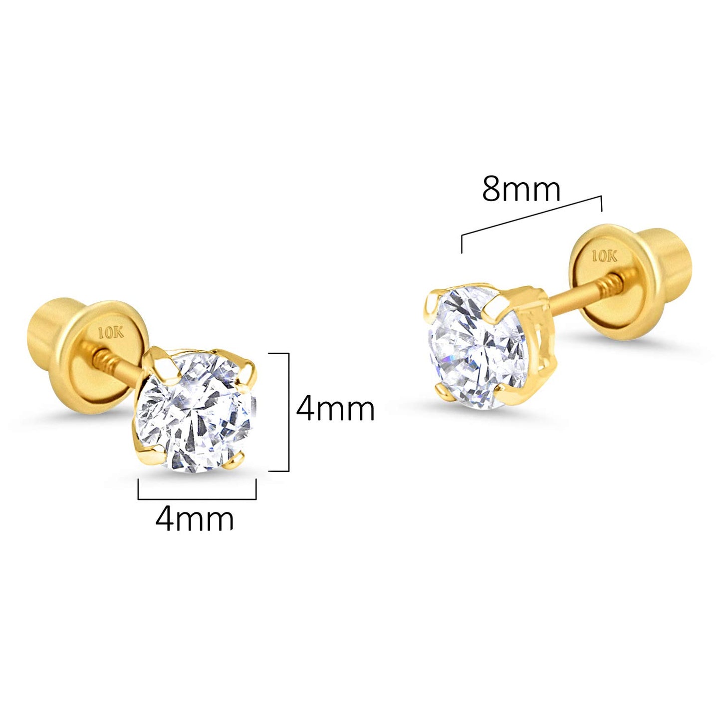 10k Yellow Gold Basket Round CZ Cubic Zirconia Solitaire Children Stud Screwback Baby Girls Earrings