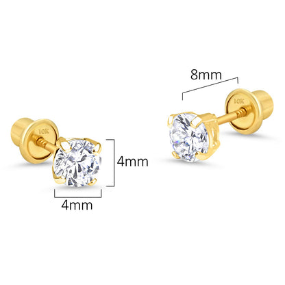 10k Yellow Gold Basket Round CZ Cubic Zirconia Solitaire Children Stud Screwback Baby Girls Earrings