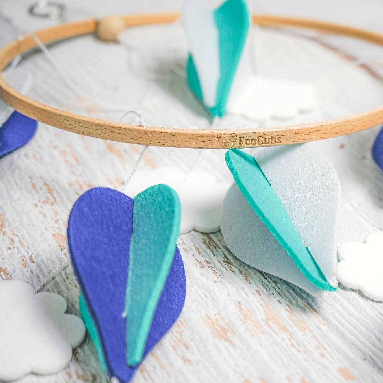 Handmade Baby Crib Mobile | White & Pale Grey | Hot Air Balloons & Clouds | Eco-Friendly Felt & Organic Beech Wood | Gender Neutral Nursery Decor | Simple & Modern Design
