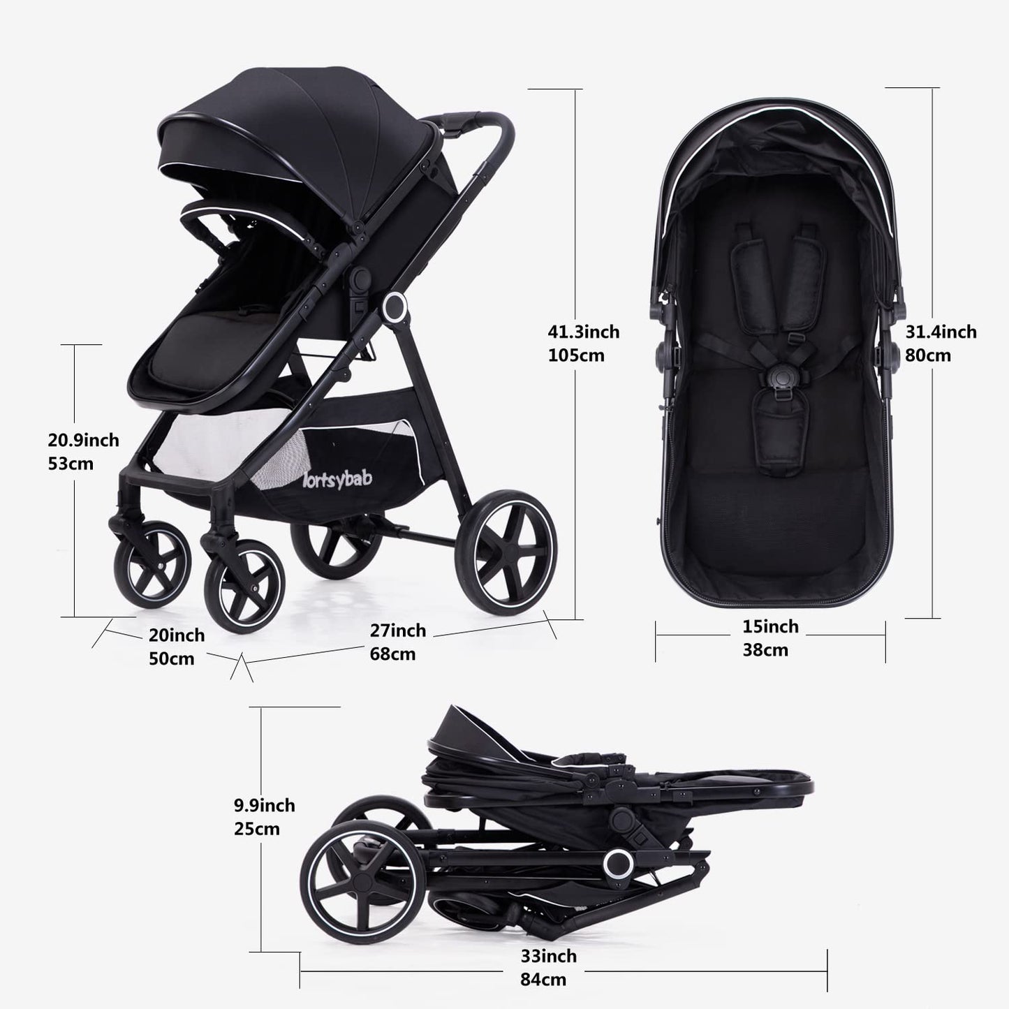 2-in-1 Baby Stroller with Bassinet Mode - Folding Infant Newborn Pram Stroller with Reversible Seat - Toddler Strollers for 0-36 Months Old Babies (Beige)