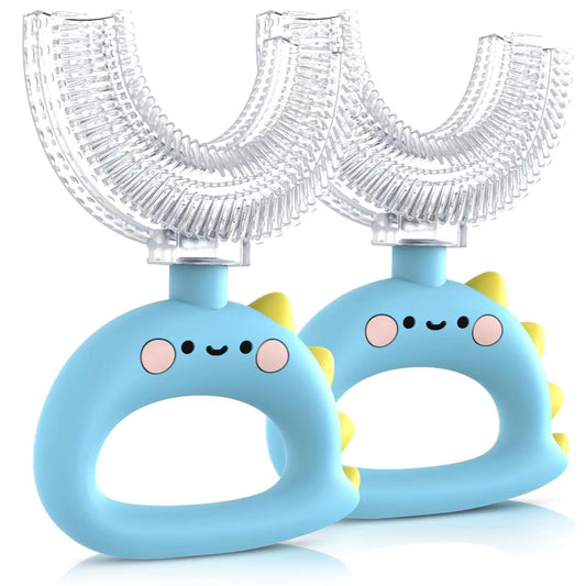 U Shaped Toothbrush - for Kids, Manual Whole Mouth Toddler Toothbrush Age 2-4 5 6 & up, Food Grade Soft Silicone Brush, 360° Oral Teeth Cleaning, Good for Dental Health, 2 Blue