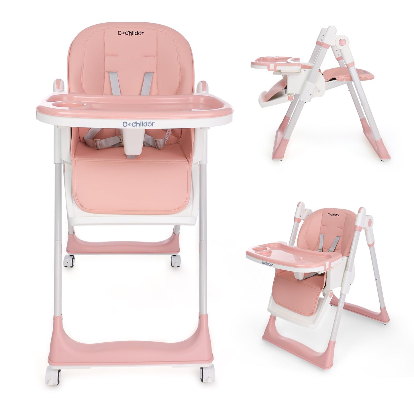 3-in-1 Foldable High Chair for Babies & Toddlers – Adjustable Height, Reclining Seat, 5-Point Safety Harness, Removable Tray, Lockable Wheels and Washable Cushion, Beige