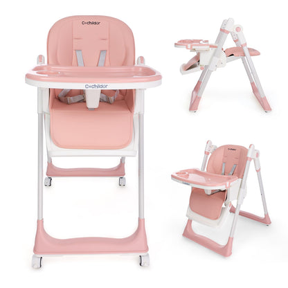 3-in-1 Foldable High Chair for Babies & Toddlers – Adjustable Height, Reclining Seat, 5-Point Safety Harness, Removable Tray, Lockable Wheels and Washable Cushion, Beige