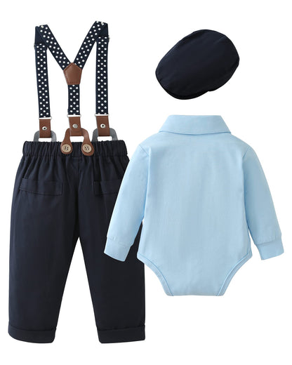 ZOEREA Baby Boy Suit 0-24M Gentleman Outfit Clothes Set Infant Long Sleeve Dress Shirt+Suspender Pants+Bowtie+Beret Hat