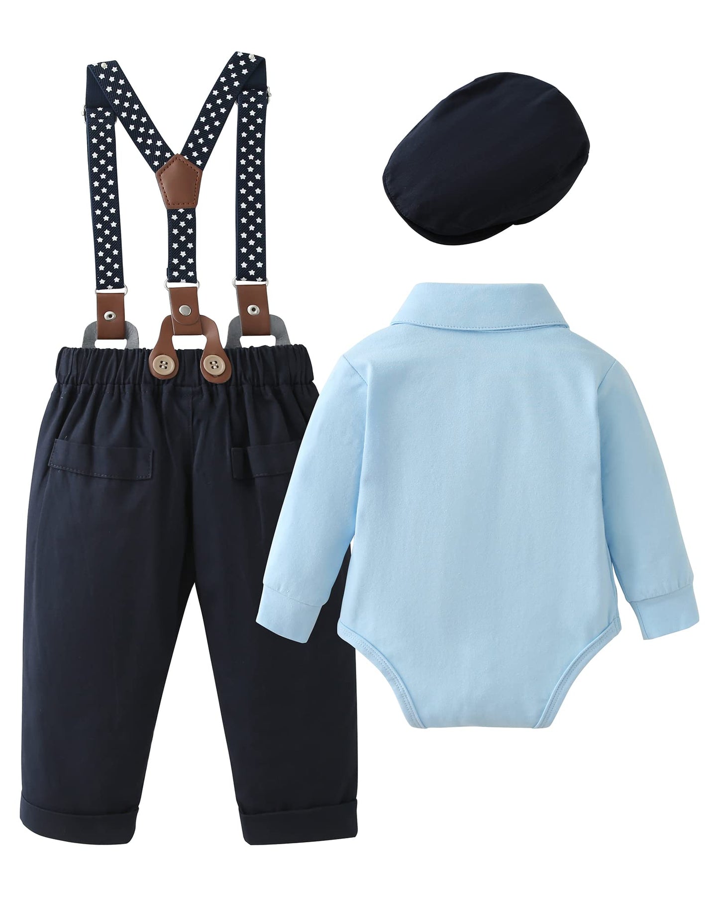 ZOEREA Baby Boy Suit 0-24M Gentleman Outfit Clothes Set Infant Long Sleeve Dress Shirt+Suspender Pants+Bowtie+Beret Hat