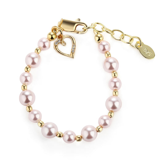 Cherished Moments Children's 14K Gold-plated Bracelet with Pink High-End Simulated Pearls and Cross or Heart Charm for Baptism, Christening or First Communion Gift for Girls