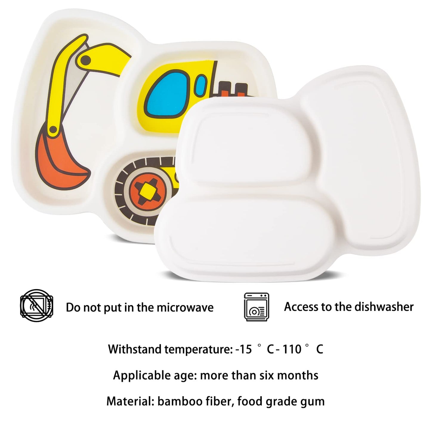 Kids Plate Set, Included Fork and Spoon 3-Piece Set - Toddler Dinnerware Dinner Dish Set - Baby Feeding Divided Plate - Child Portion Control Dish Tray (Excavators)