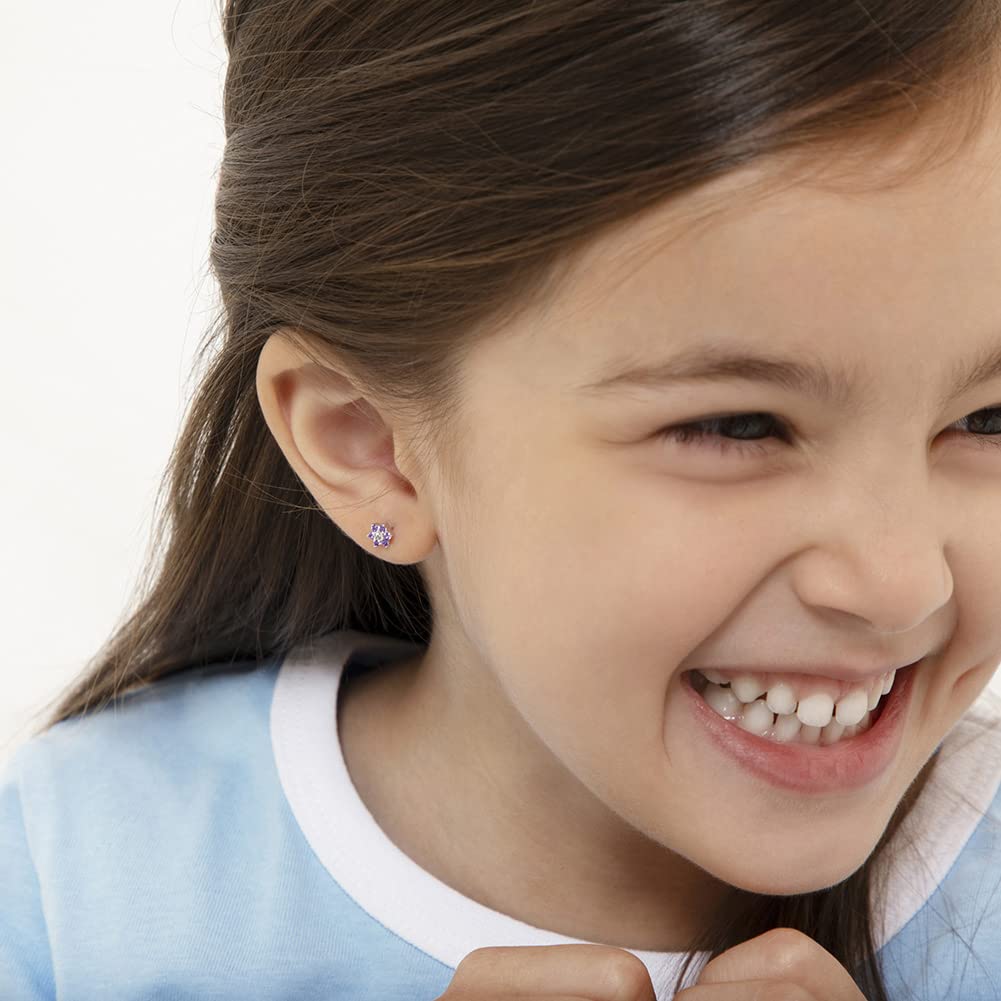 925 Sterling Silver Kids Earrings with 5mm Flower & Screw Backs for Young Girls - Dainty CZ Flower Screw Backs for Toddlers and Little Girls - Cubic Zirconia Floral Studs for Children