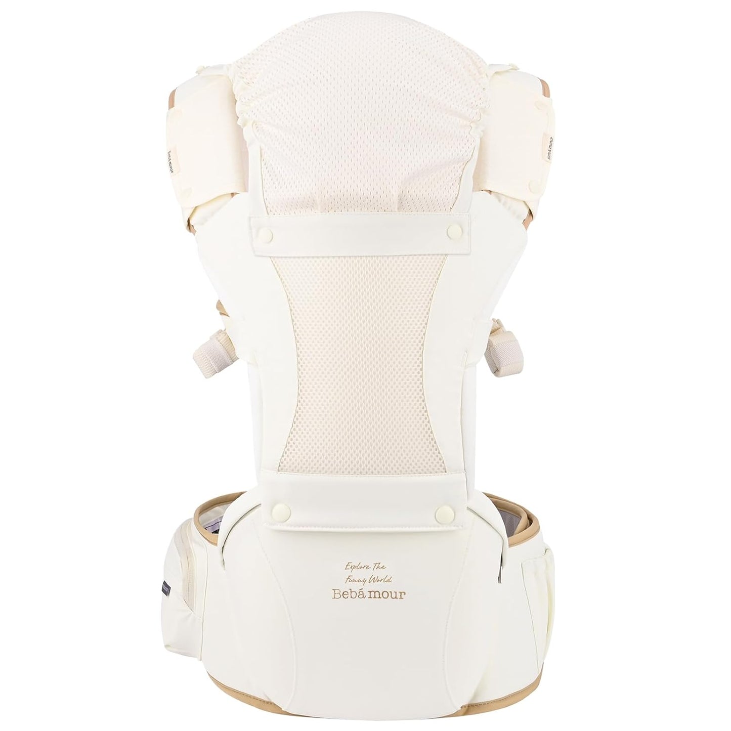 Bebamour Baby Carrier with Hip Seat,All-Position Breathable Mesh Hip Seat & Carrier 0-36Months with Head Hood, 3 PCS Teething Pads, Waist Extender,Storage Bag & Pacifier Case(Khaki)
