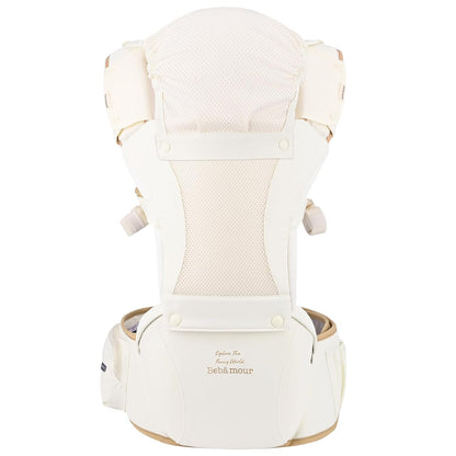 Bebamour Baby Carrier with Hip Seat,All-Position Breathable Mesh Hip Seat & Carrier 0-36Months with Head Hood, 3 PCS Teething Pads, Waist Extender,Storage Bag & Pacifier Case(Khaki)
