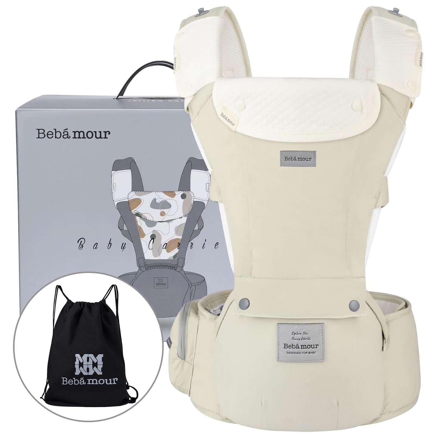 Bebamour Baby Carrier Newborn to Toddler-2 in 1 Hip Seat & Carrier Front and Back Carry with Head Hood & 3 Pieces Teething Pads& Waist Extenders & Storage Bag 0-36 Months (Green)