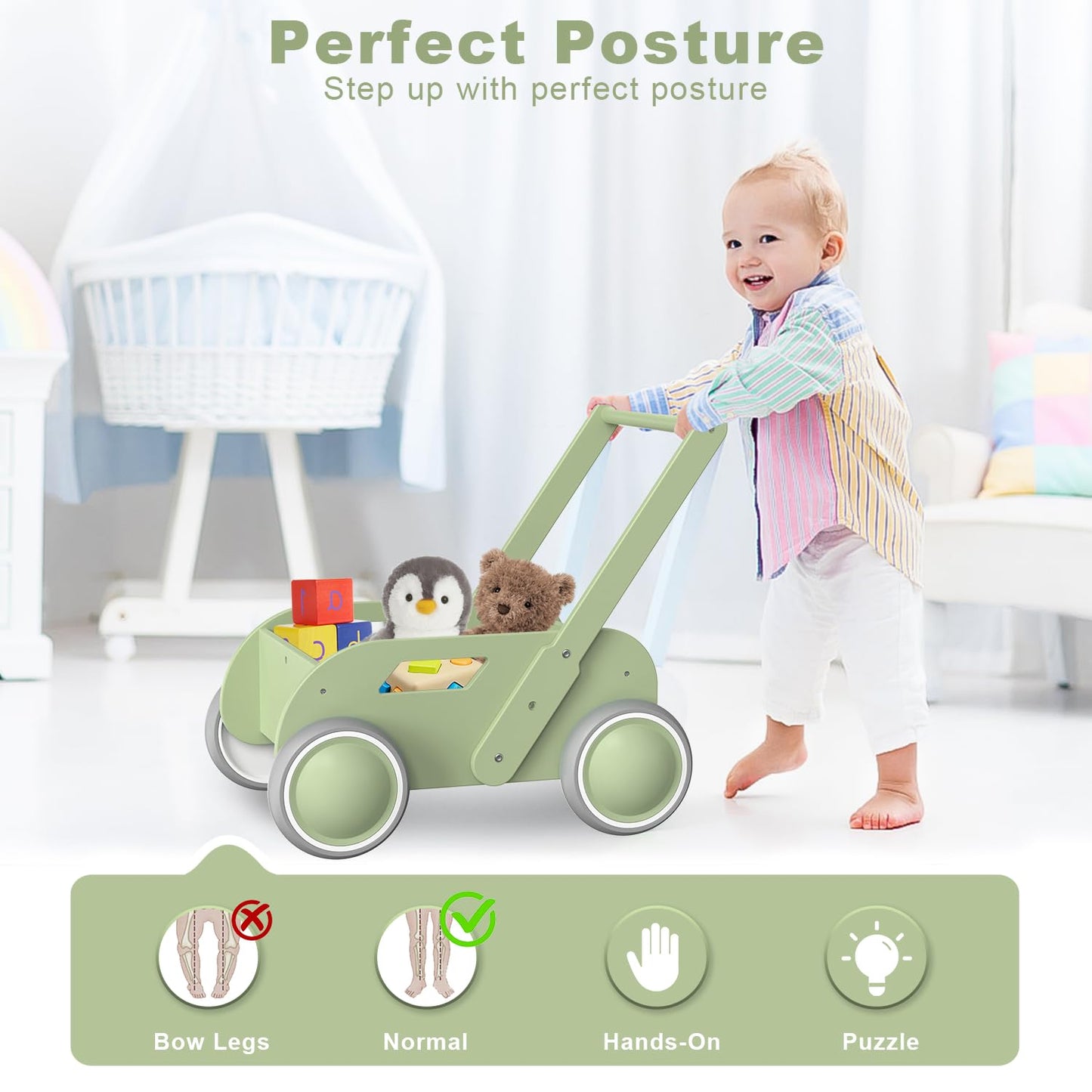 Wooden Baby Walker, Push and Pull Learning Walk Toys for Infants to Toddler, Walker with Wheels for Boys Girls, Gift for Birthday Christmas, Pink