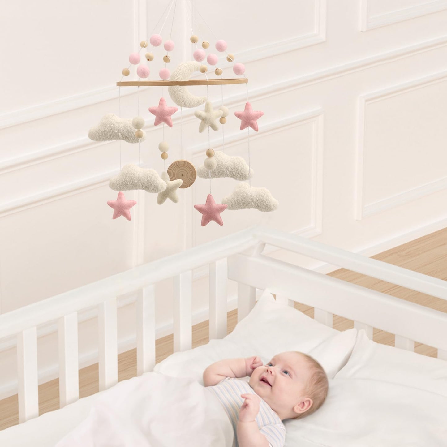 Cloud Mobile for Crib - A Handmade Cloud Crib Mobile with Moon and Pink Stars