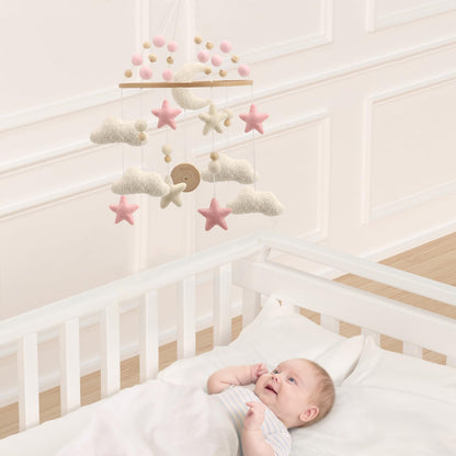 Cloud Mobile for Crib - A Handmade Cloud Crib Mobile with Moon and Pink Stars