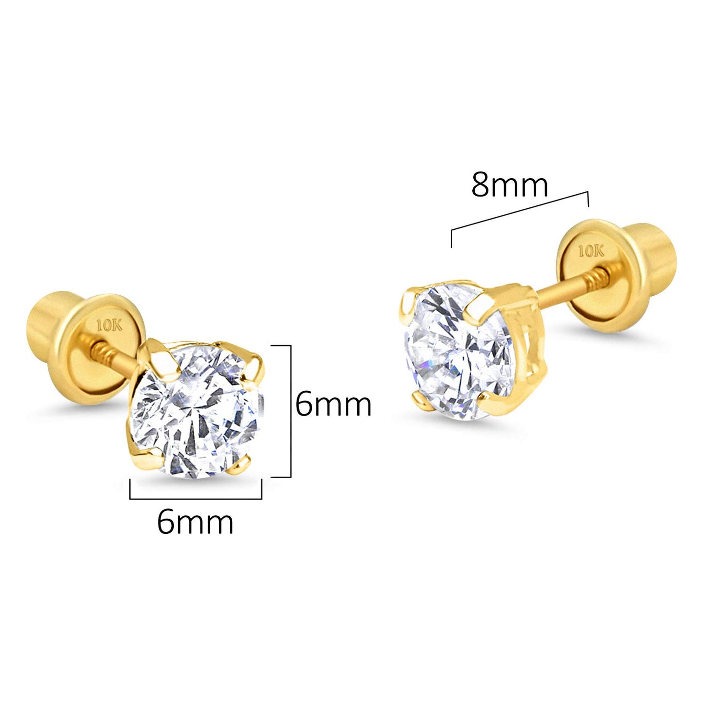 10k Yellow Gold Basket Round CZ Cubic Zirconia Solitaire Children Stud Screwback Baby Girls Earrings