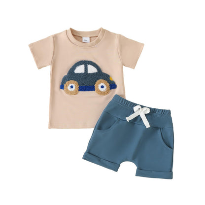 Toddler Baby Boy Summer Clothes Embroidered Farm Tractor Shirt and Short Set 2-Piece Outfits for Boys