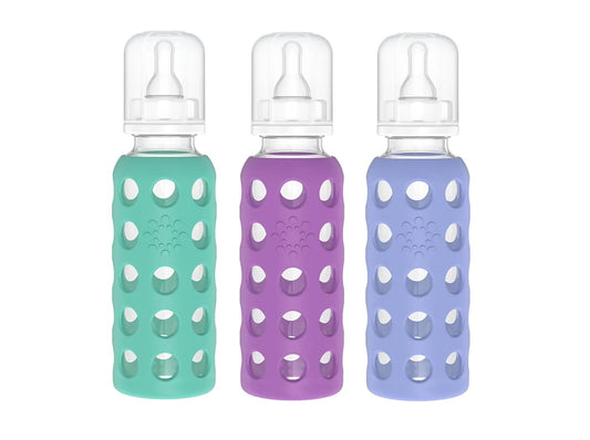 Lifefactory Glass Baby Bottles with Silicone Protection - 3-PACK, 9 Ounce Bottles, (1- Kale, 1- Grape & 1- Blueberry)
