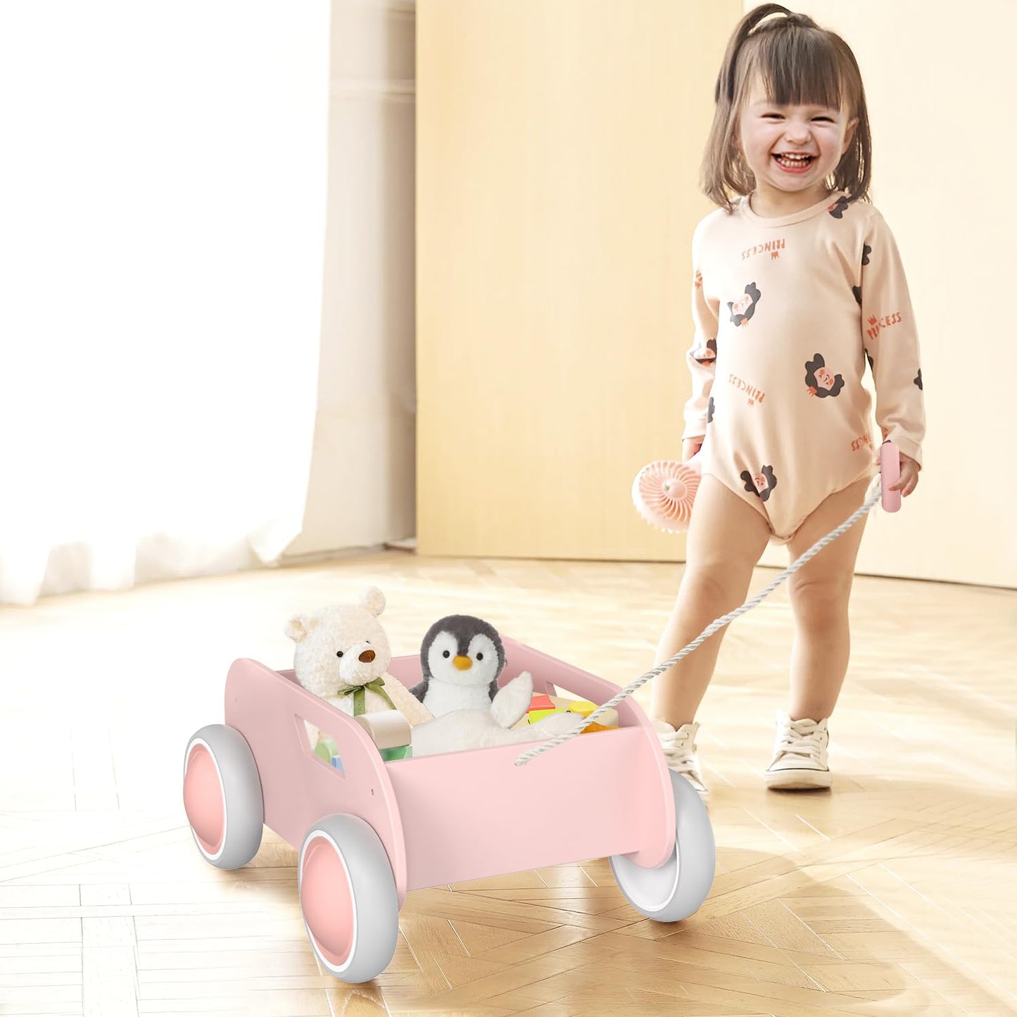 Wooden Baby Walker, Push and Pull Learning Walk Toys for Infants to Toddler, Walker with Wheels for Boys Girls, Gift for Birthday Christmas, Pink