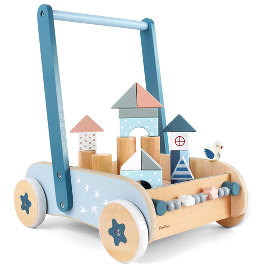 PairPear Wooden Baby Walker, Baby Push Walker, Montessori Walker Toy with Activity Center for Girls Boys, Adjustable Speed Baby Walker for Kids Development