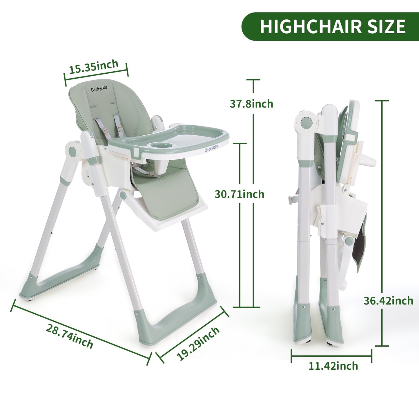 3-in-1 Foldable High Chair for Babies & Toddlers – Adjustable Height, Reclining Seat, 5-Point Safety Harness, Removable Tray, Lockable Wheels and Washable Cushion, Beige