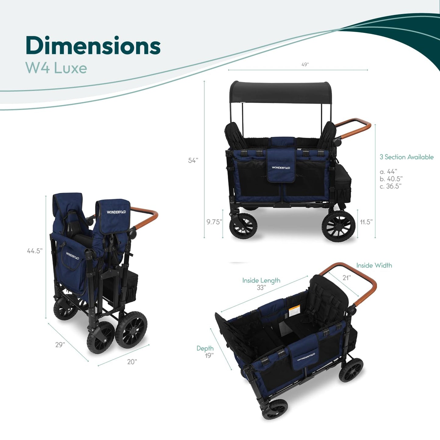 WONDERFOLD W4 Luxe Quad Stroller Wagon Featuring 4 High Face-to-Face Seats with Magnetic Buckle 5-Point Harnesses and Adjustable/Removable UV-Protection Canopy, Hunter Green