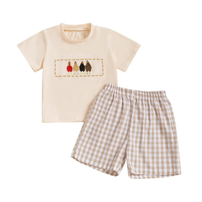 Toddler Baby Boy Summer Outfits Short Sleeve Embroidered T Shirt Tees + Striped/Plaid Shorts Infant Clothes Set