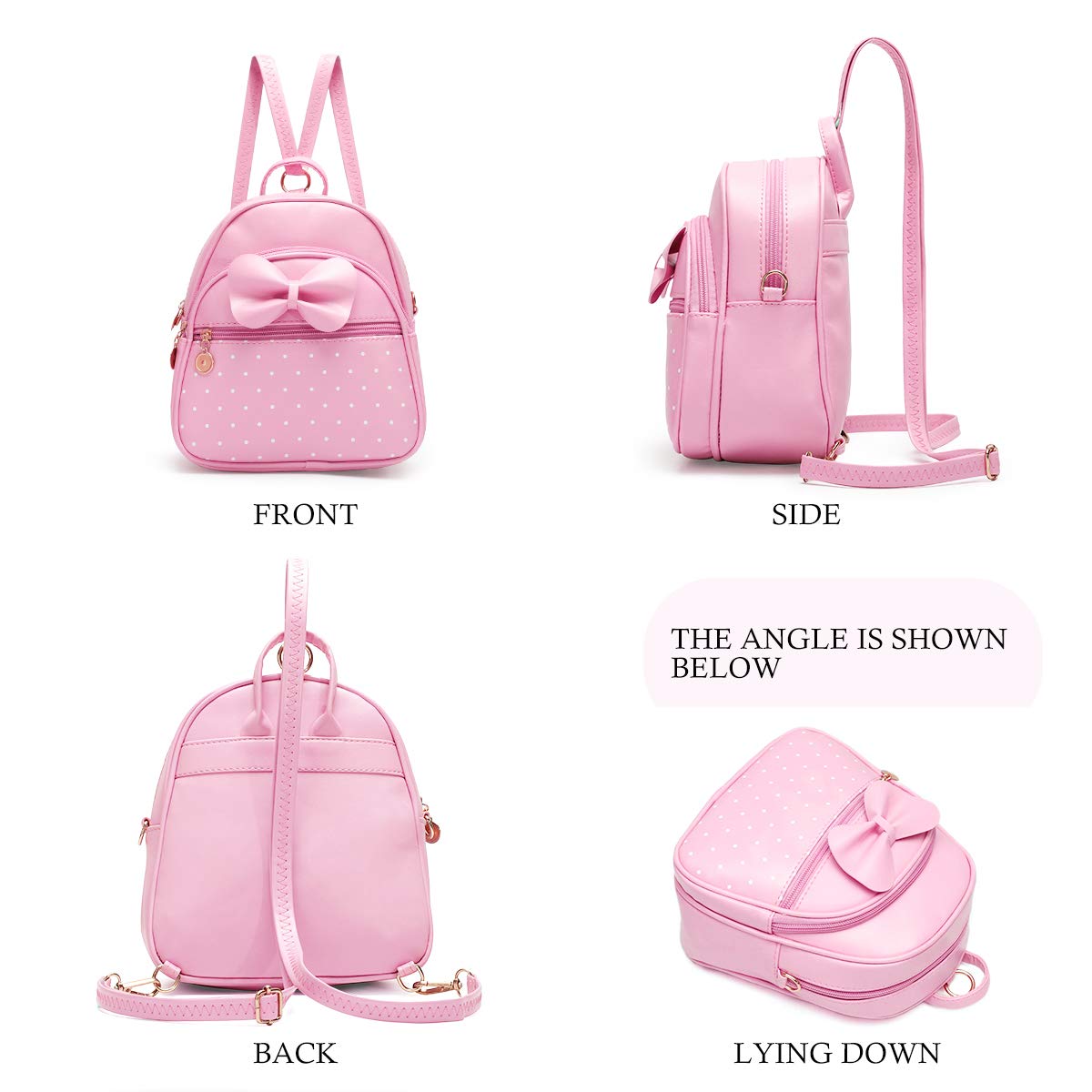 KL928 Girls Bowknot Polka Dot Cute Mini Backpack Small Daypacks Convertible Shoulder Bag Purse for Women