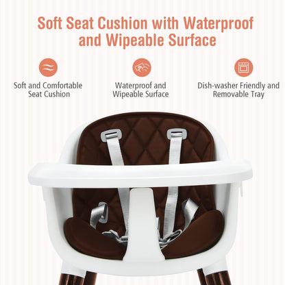 INFANS Baby High Chair, 3 in 1 Convertible Wooden Highchair for Babies & Toddlers, Modern Infant Feeding Chair with 5-Point Safety Harness, Footrest, Adjustable Legs, Removable Tray PU Cushion